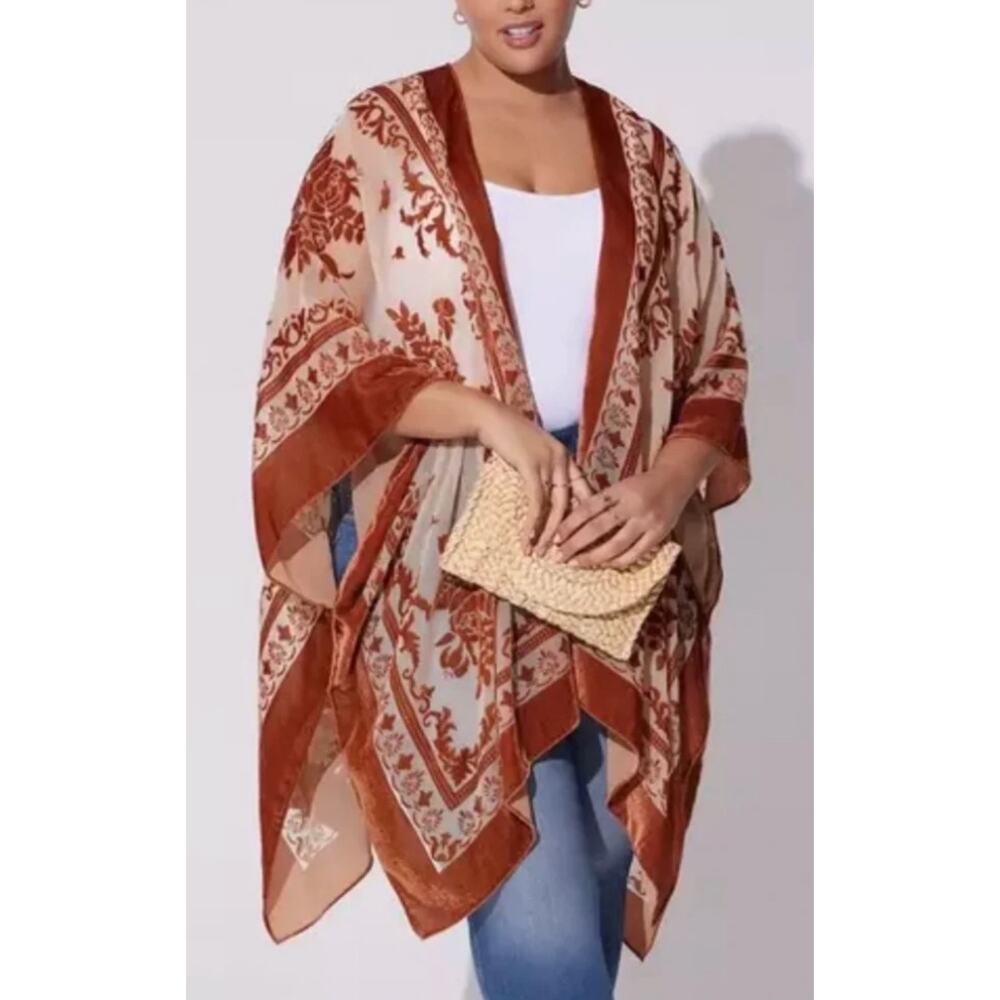 Torrid Velvet Burnout Ruana Kimono Cardigan Brown Floral Boho Witchy Lagenlook